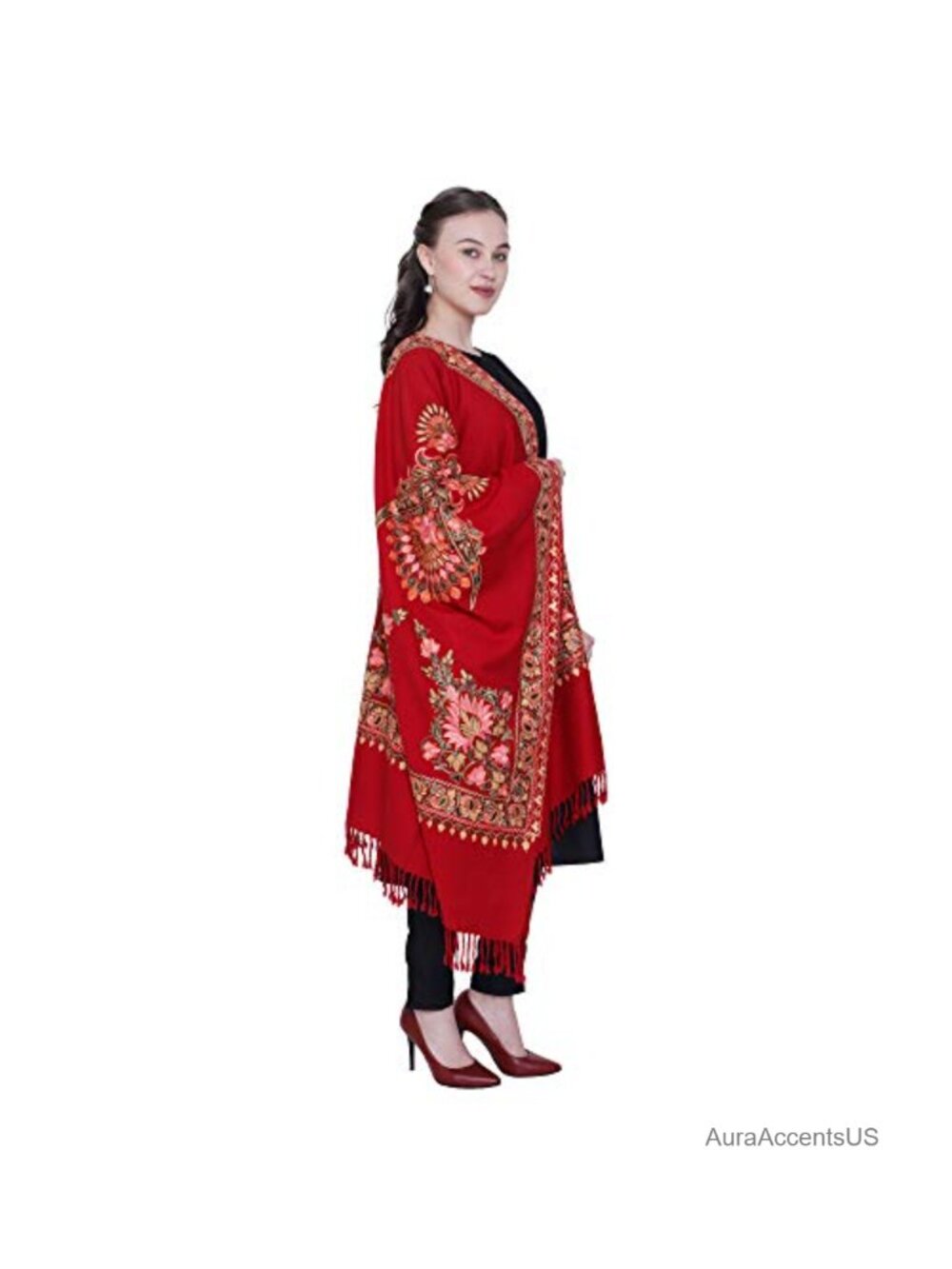 Kashmiri Aari Embroidered 100% Wool Shawl Fringed Wrap Stole